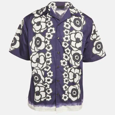 Pre-owned Prada Blue Floral Print Cotton Short Sleeve Shirt M