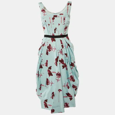 Pre-owned Prada Blue Floral Printed Silk Satin Sleeveless Midi Dress S