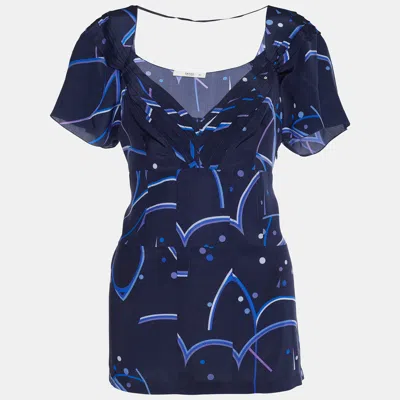 Pre-owned Prada Blue Geometric Print Crepe De Chine Silk Blouse L