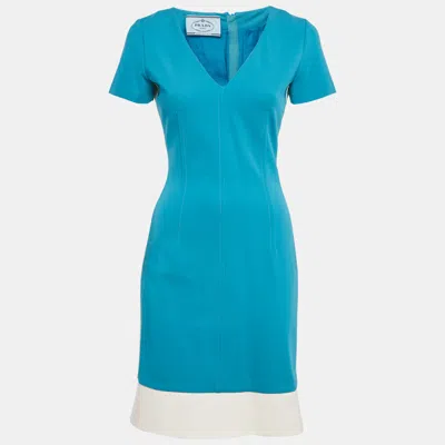 Pre-owned Prada Blue Jersey V-neck Sheath Dress M