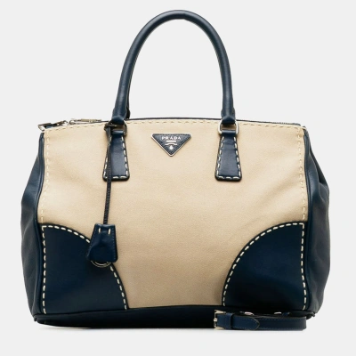 Pre-owned Prada Blue Leather And Canvas Double Zip Convertible Tote Bag