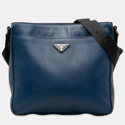 Pre-owned Prada Blue Leather Saffiano Leather Crossbody Bag