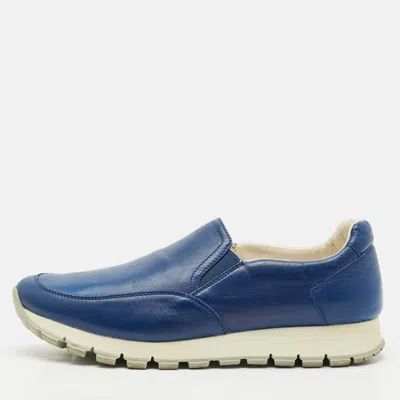 Pre-owned Prada Blue Leather Slip On Sneakers Size 39.5