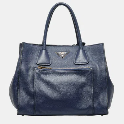 Pre-owned Prada Blue Leather Vitello Danio Wing Tote Bag