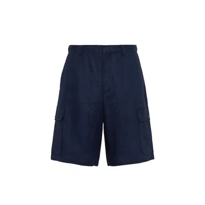 Prada Blue Linen Bermuda Shorts In Black