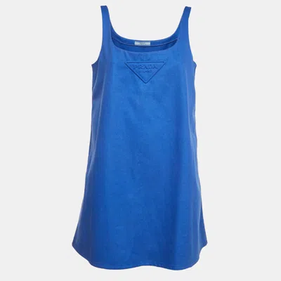 Pre-owned Prada Blue Logo Embossed Gabardine Shift Dress M