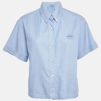 Pre-owned Prada Blue Logo Embroidered Cotton Short Sleeve Shirt M