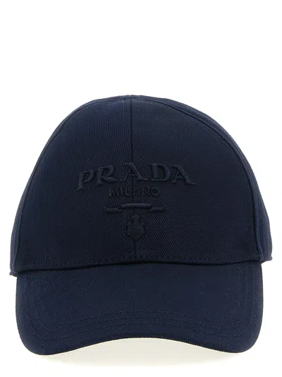 Prada Blue Logo Embroidery Baseball Hat In Black