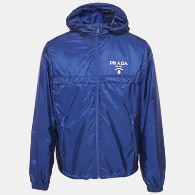 Pre-owned Prada Blue Logo Print Re-nylon Zip-up Jacket M