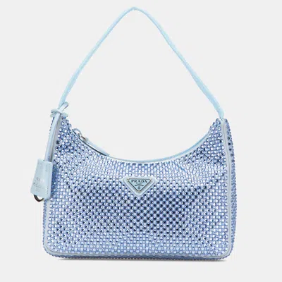 Pre-owned Prada Blue Mini Satin Crystal Re-edition 2000 Shoulder Bag