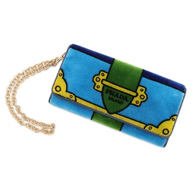 Pre-owned Prada Blue Multi-color Leather Chain/shoulder Wallet () In Blue, Multi-color