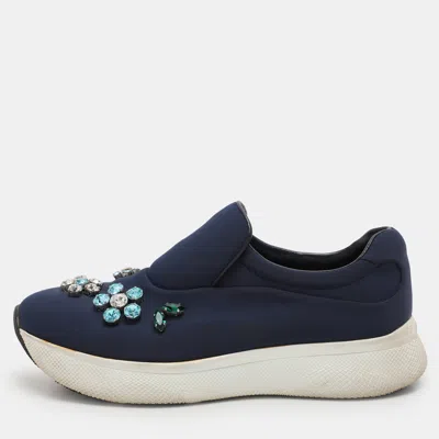 Pre-owned Prada Blue Nylon Catch Me If You Can Crystal Embellished Slip On Sneakers Size 35.5