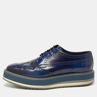 Pre-owned Prada Blue Ombre Brogue Leather Lace Up Derby Size 42.5