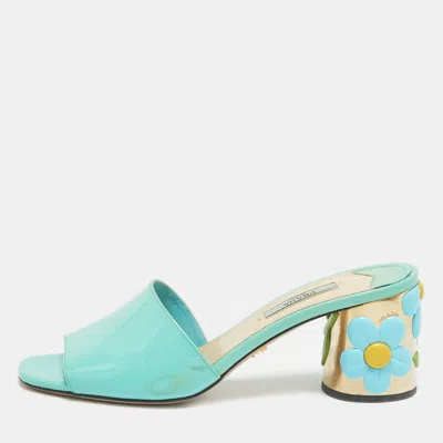 Pre-owned Prada Blue Patent Leather Floral Print Slide Sandals Size 37