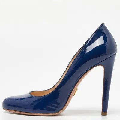Pre-owned Prada Blue Patent Leather Round Toe Pumps Size 39.5