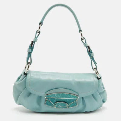 Pre-owned Prada Blue Pleated Leather And Croc Pushlock Flap Baguette Bag