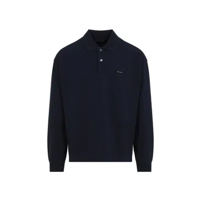 Prada Logo Embroidered Long-sleeved Polo T-shirt In Blue