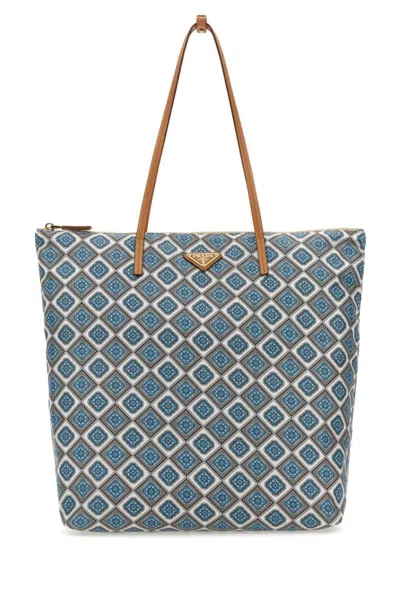 Prada Blue Printed Re-nylon Tote Bag In Multicolor