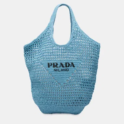 Pre-owned Prada Blue Raffia Effect Crochet Logo Embroidered Shopping Tote