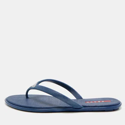 Pre-owned Prada Blue Rubber Crosshatched Thong Sandals Size 36