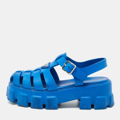 Pre-owned Prada Blue Rubber Monolith Platform Sandals Size 38