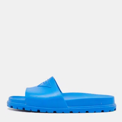 Pre-owned Prada Blue Rubber Triangle Logo Soft Pool Slides Size 42