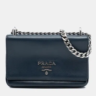 Pre-owned Prada Blue Saffiano And City Calf Chain Crossbody