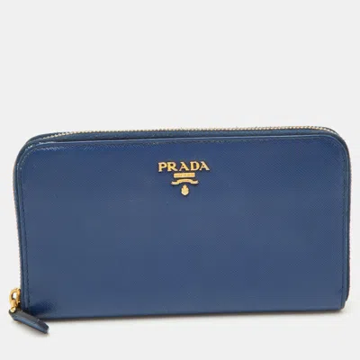 Pre-owned Prada Blue Saffiano Leather Continental Zip Around Wallet