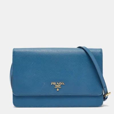 Pre-owned Prada Blue Saffiano Leather Logo Flap Clutch Bag