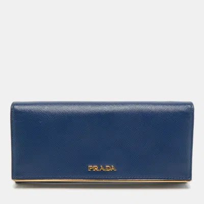 Pre-owned Prada Blue Saffiano Leather Metal Bar Flap Continental Wallet