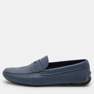 Pre-owned Prada Blue Saffiano Leather Penny Loafers Size 41.5
