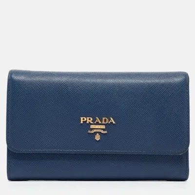 Pre-owned Prada Blue Saffiano Leather Tri Fold Wallet