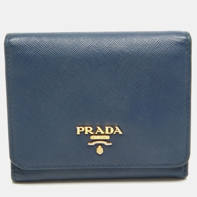 Pre-owned Prada Blue Saffiano Leather Trifold Wallet