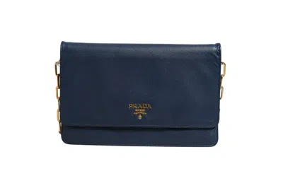 Pre-owned Prada Blue Saffiano Leather Wallet On Chain Clutch Women's Bag ()