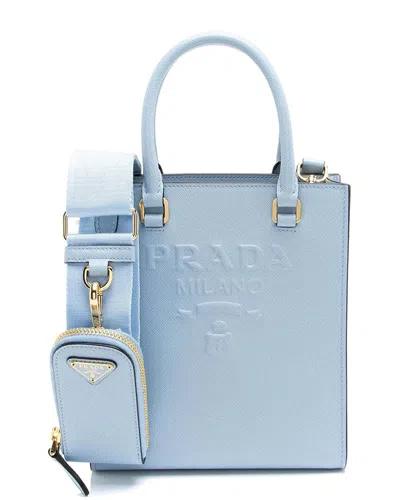 Prada Blue Saffiano Lux Leather Embossed Logo Small Tote (authentic Pre-loved)
