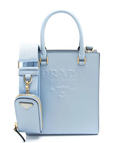 Prada Blue Saffiano Lux Leather Embossed Logo Small Tote (authentic Pre-loved)