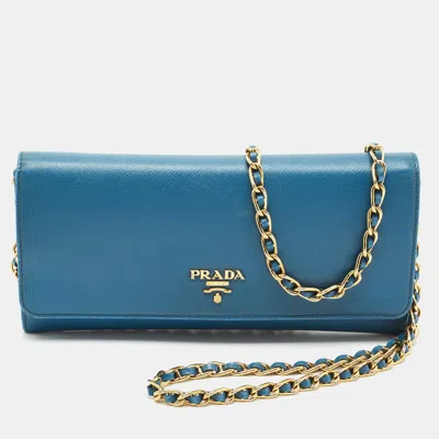 Pre-owned Prada Blue Saffiano Lux Leather Logo Flap Wallet On Chain