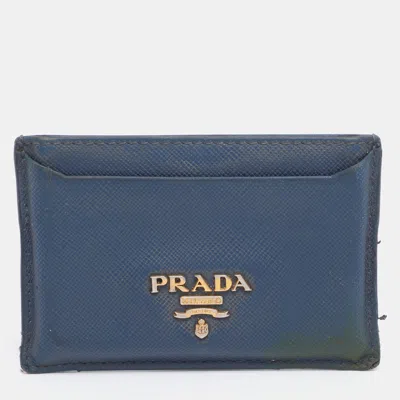 Pre-owned Prada Blue Saffiano Metal Leather Card Holder