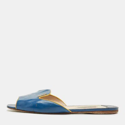 Pre-owned Prada Blue Saffiano Patent Leather Flat Slide Sandals Size 40