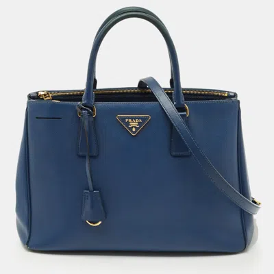 Pre-owned Prada Blue Saffino Leather Medium Double Zip Tote