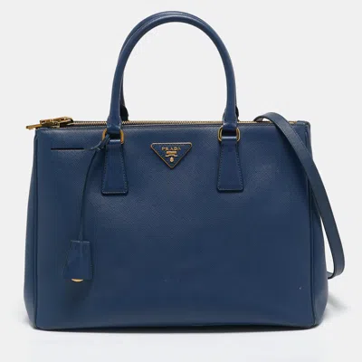 Pre-owned Prada Blue Saffino Lux Leather Medium Double Zip Tote