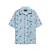 Prada Satin Shirt With Printed Design And Pocket In Blue