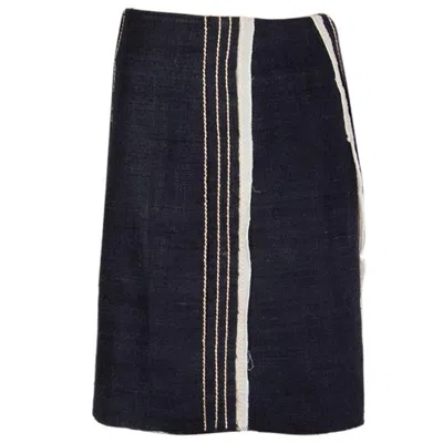 Pre-owned Prada Blue Silk & Cotton Stripe Paneled Tweed Skirt 40 S