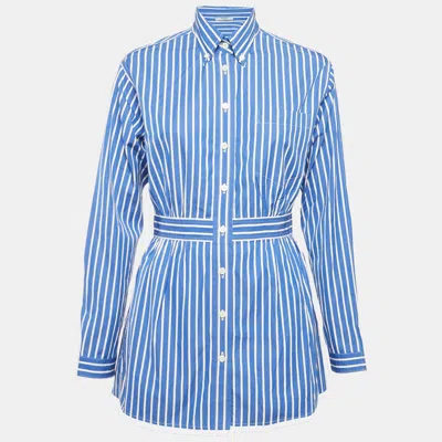 Pre-owned Prada Blue Stripe Cotton Mini Shirt Dress S