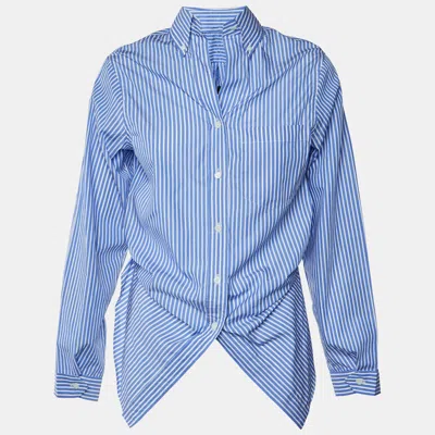 Pre-owned Prada Blue Striped Comic Print Cotton Front Tie Detail Shirt S