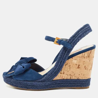 Pre-owned Prada Blue Suede Bow Cork Wedge Slingback Sandals Size 38