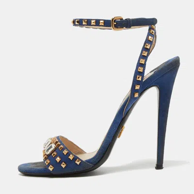 Pre-owned Prada Blue Suede Crystal Embellished Ankle Strap Sandals Size 38
