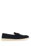 Prada Navy Blue Suede Loafers In Bleu