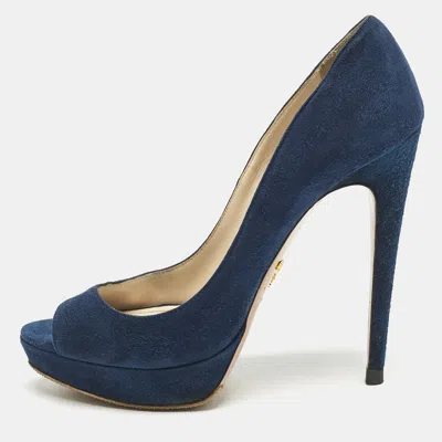 Pre-owned Prada Blue Suede Peep Toe Platform Pumps Size 37.5