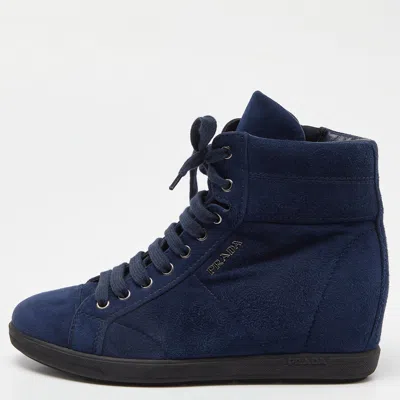 Pre-owned Prada Blue Suede Wedge Trainers Size 36